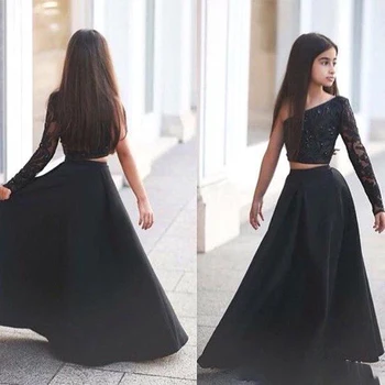 

Arabic Said Mhamad Black One Shoulder Long Sleeve Kids Prom Dresses A Line Two Piece Beaded Flower Girls Dresses BA1435