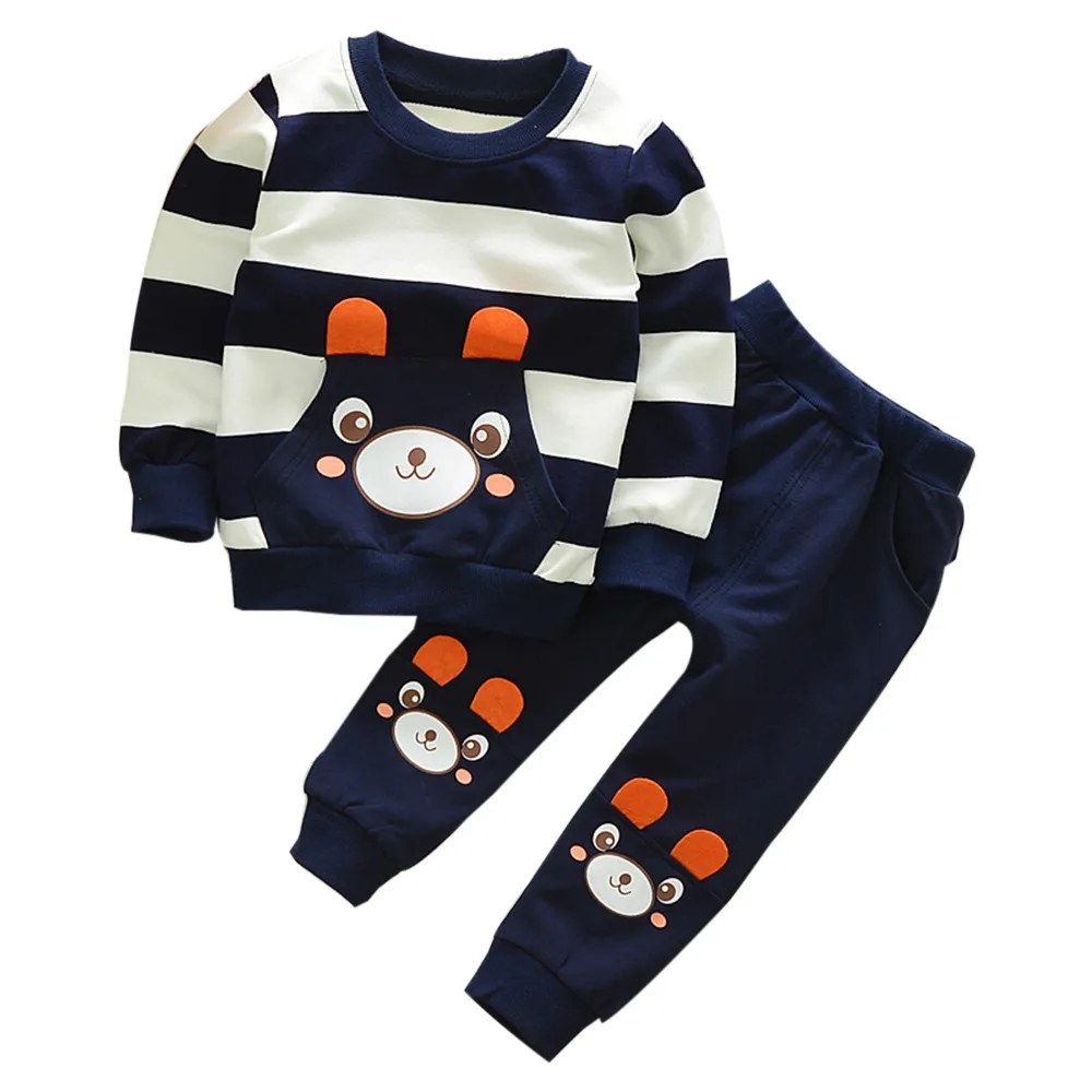 Осенне-зимний детский комплект одежды для мальчиков и девочек, топ в полоску с рисунком медведя+ штаны, наряды хлопковый милый мягкий удобный комплект одежды для маленьких детей@ 30 - Цвет: Navy