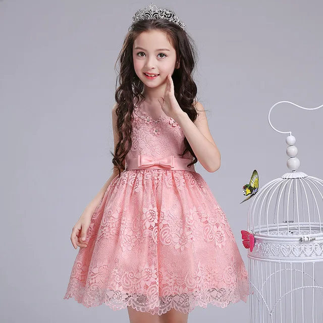 Элегантные красивые кружевные праздничные Платья с цветочным узором для девочек одежда для малышей Бальные платья на день рождения для подростков - Цвет: pink