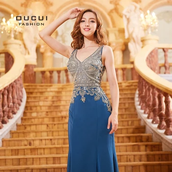 

Arabic V-Neck Sexy Backless Evening Gowns Long Party Dresses Elegant Navy Crystal Bodice Satin Woman Formal Prom Dress OL103300