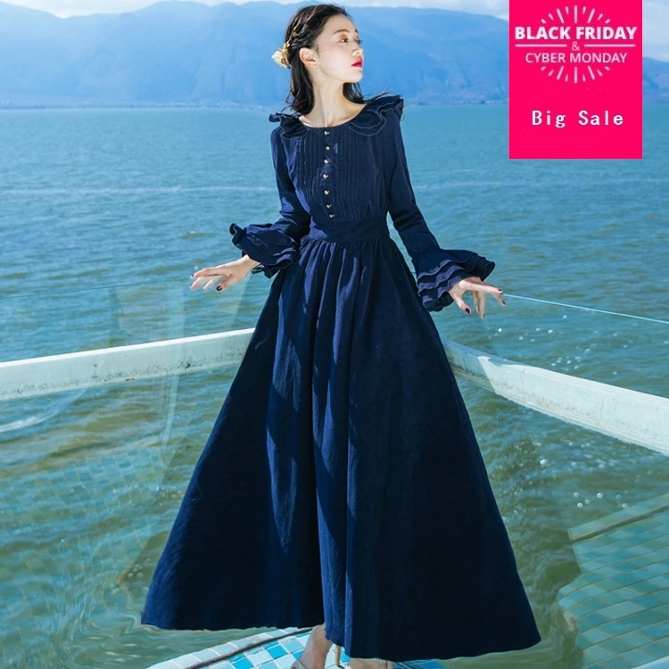 

2019 mori girls lolita new high waist Slim was thin retro velvet dress corduroy trumpet sleeve A-line beach vacation dress wj817