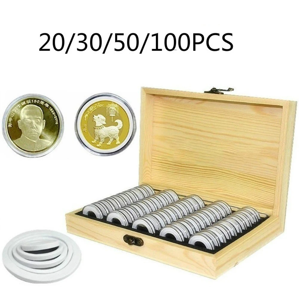 Wooden Coins Storage Box for Collectible Commemorative Coin with 20/30/50/100pcs Capsules Accommodate Collection Box