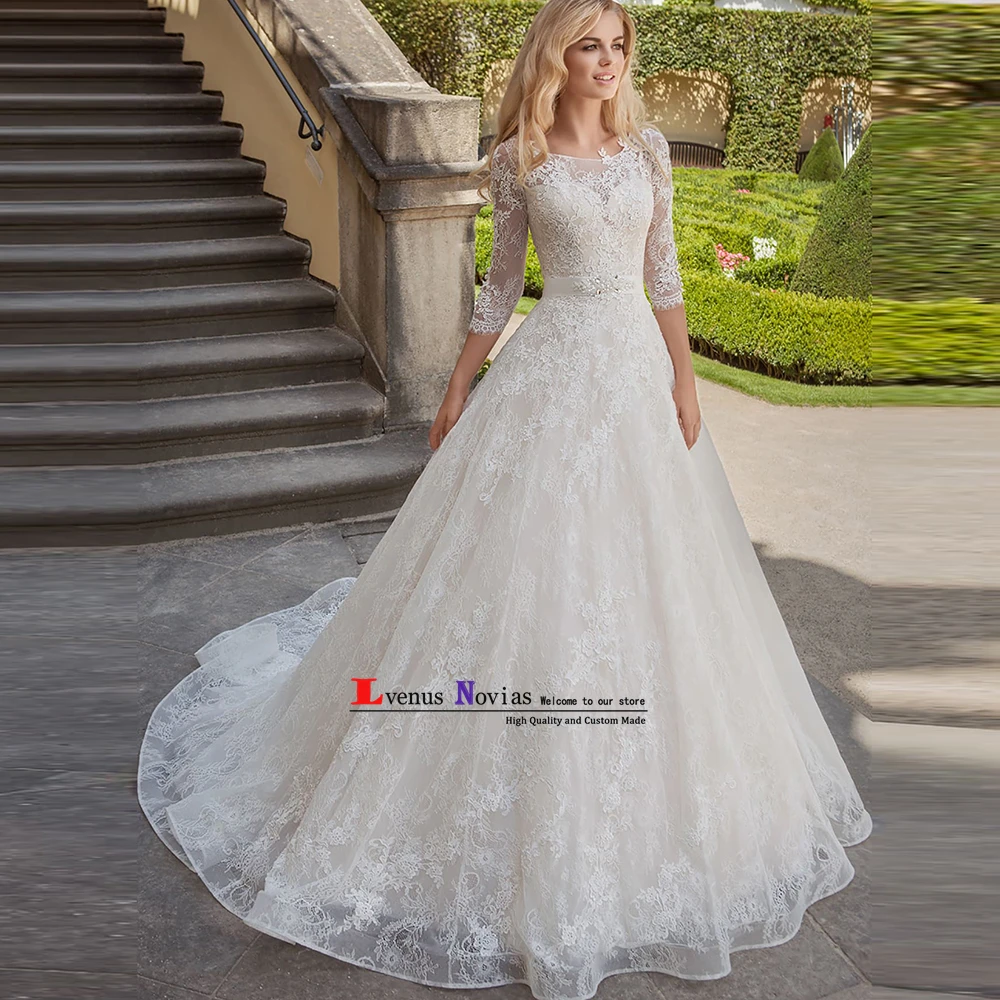 

vestido novia blanco Women Bride Dresses Luxury Beaded Lace Wedding Dresses with Sleeves Sexy Bohemian Wedding Dress Bruidsjurk