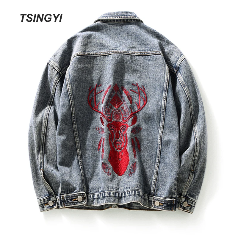 Tsingyi Embroidery Deer Retro Vintage Washed Denim Jacket Men Turn-down Collar Long Sleeve Jeans Jacket Men Bomber Mens Coats