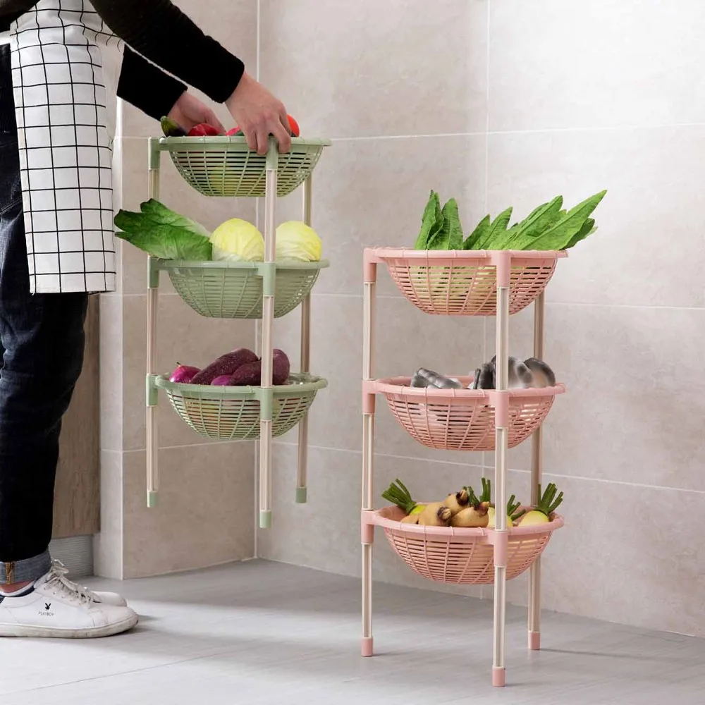 

Kitchen Round Drain Storage Rack Organizer 3 Layers Dishes Rack Fruit Vegetable Storage Shelf Storage Organizer