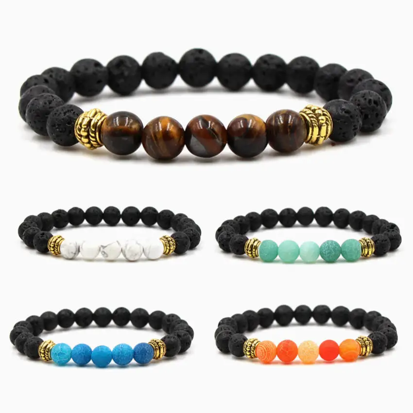 

NEW 7 Colors Essential Oil Perfume Diffuser 8mm Black Lava Stone Beads Bracelet Tiger's Eye Beads Bracelet Stretch Yoga Jewelry