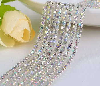 

10 Meters 3mm AB Diamond Crystal Rhinestones Silver Plated Ribbon Claw Chain Trim