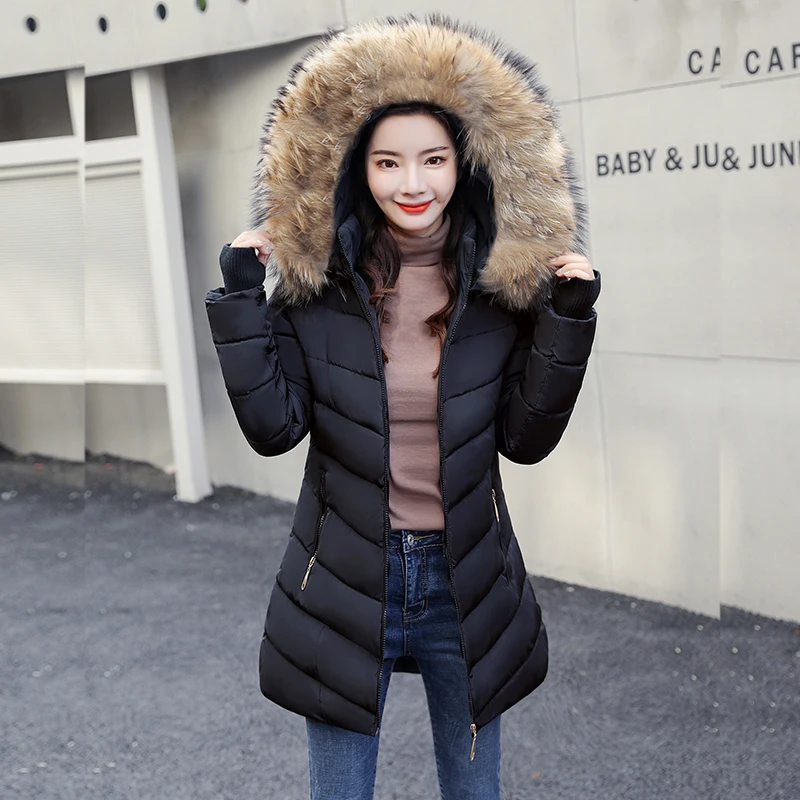 Женская зимняя куртка с искусственным большим меховым воротником, Женская куртка, тонкая, с хлопковой подкладкой, длинная куртка, верхняя одежда, зимнее пальто, парка, S-4XL