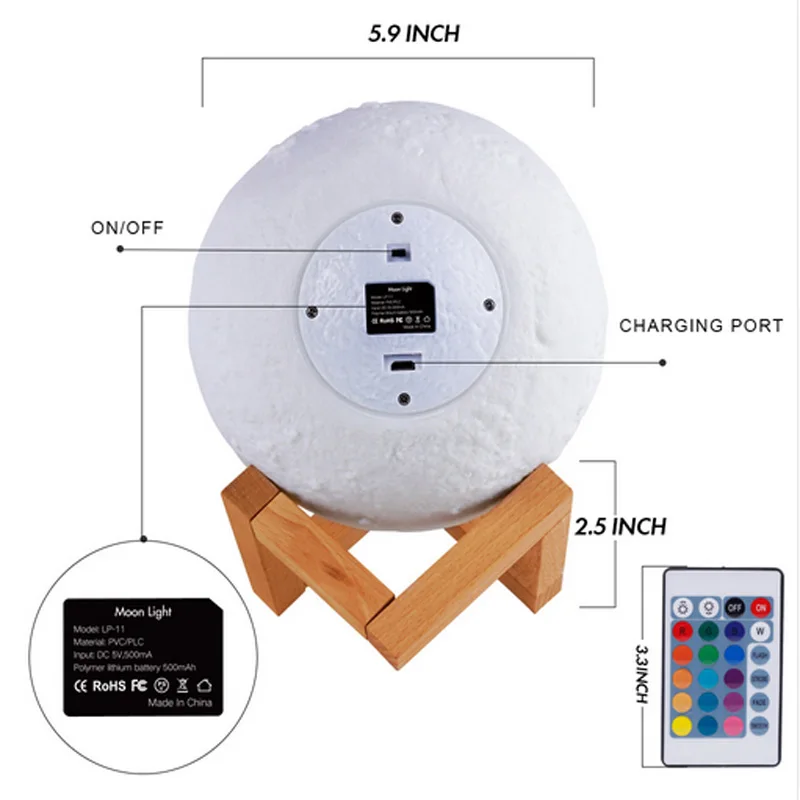 Перезаряжаемый 3D печать лунный свет цвет wifi Alexa сенсорный переключатель rgbLED