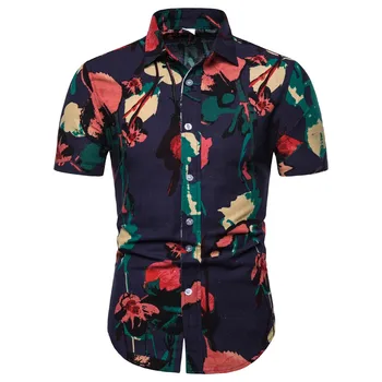 

2019 Men Print Floral Turn-down Collar Short Sleeve Top Shirt Blouse hawaiian camisa masculina camisas hombre chemise homme