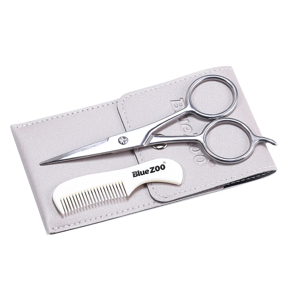 

New Blue ZOO Silvery Beard Shaping Clipper Stainless Steel Thumb Scissors Square Leather Bag Brush Set