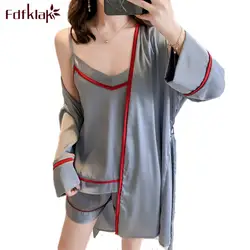 Fdfklak 3 предмета в комплекте пижамы для женщин с длинным рукавом Шелковый комплект одежды для сна шорты сезон: весна-лето