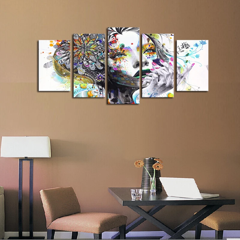 5 Panels Frameless Canvas Wall Art Abstract Dream Colorful Women