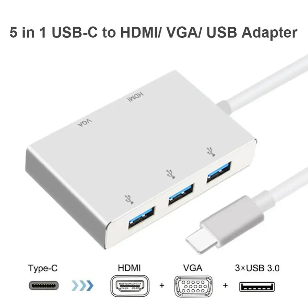  5-in-1 Multi Functional Converter Type-C To HDMI VGA USB 3.0 Multi-port Plug-and-Play Adapter Cable