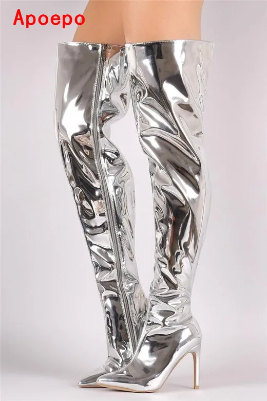 Luxury Mirror Leather Thigh High Boots Pointed Toe Sexy Gladitor Over