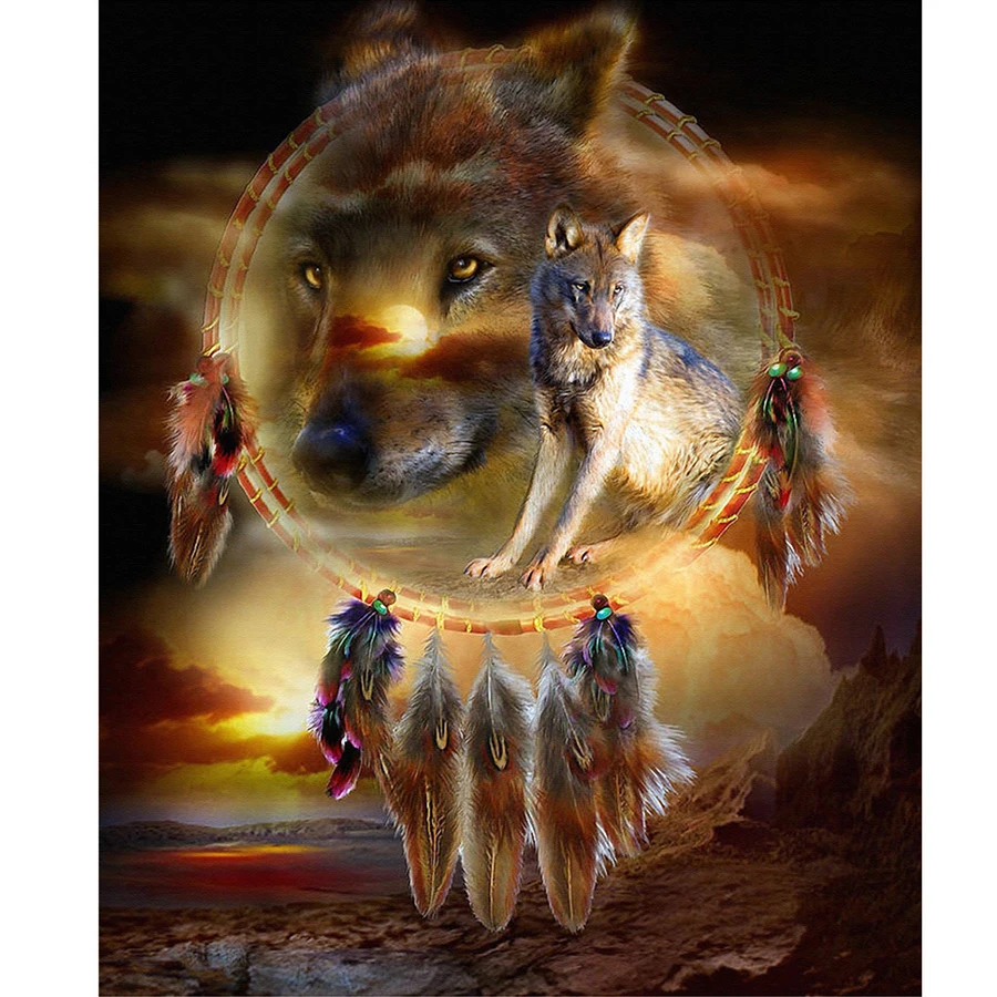 

5D Diy Diamond Painting Indians Dreamcatcher Animals Wolf Full Round Drill Diamond Embroidery Cross Stitch Mosaic Kit Home Decor