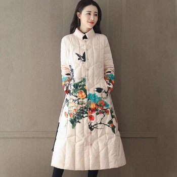 

Plus Size Loose Winter Women Thick Down Coat Female Stand Collar White Duck Down Jacket Long Print Warm Outwear Coat YP1244