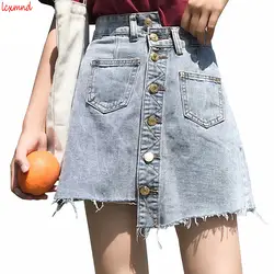2019 летняя новая промытая однобортная джинсовая юбка с завышенной талией Misaligned необработанные джинсы женская юбка посылка Хип Мини Faldas Mujer