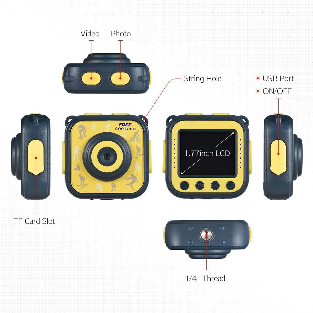 

1.77 inch Sports Camera for kids children-Waterprofe LCD Screen 170 Wide Angle Lens,HD 1280x720 Pixels @30fps, 1.3 Mega Pixels