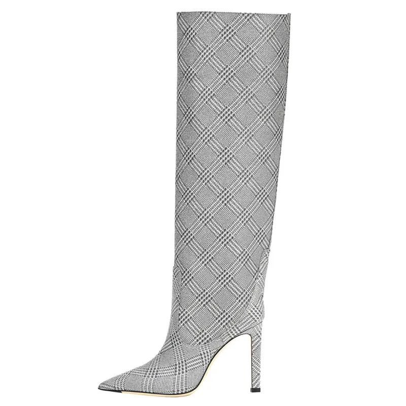 Baratos 2019 nueva moda europea y americana manga puntiaguda de tacón alto tela a cuadros moda mostrar botas de tamaño mediano y tamaño grande