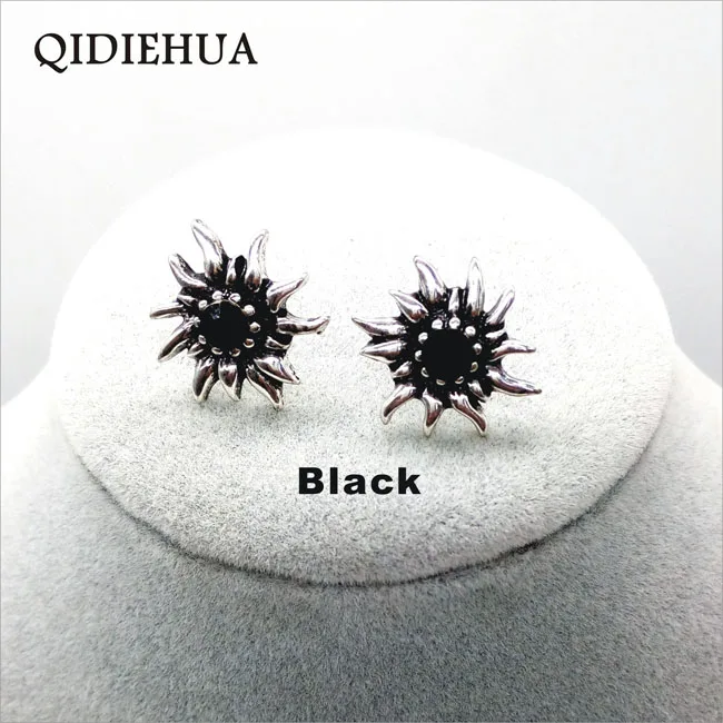 Fashion Brincos New Vintage Silver Edelweiss Stud Earrings For Women Rhinestone Earrings Party Jewelry Earrings Wholesale - Окраска металла: black