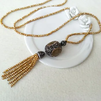 

5 Strands Yellow Faceted Beads Boho Tassel Necklace Jewelry crystal Rhinestone Tassel pendant Design NK48