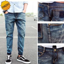 Fashion Retro Elastic Cuffed Leg Jeans Men Students Washing Ninth Pants Teetagers Harem Pants Classic Moustache Effect Bottoms