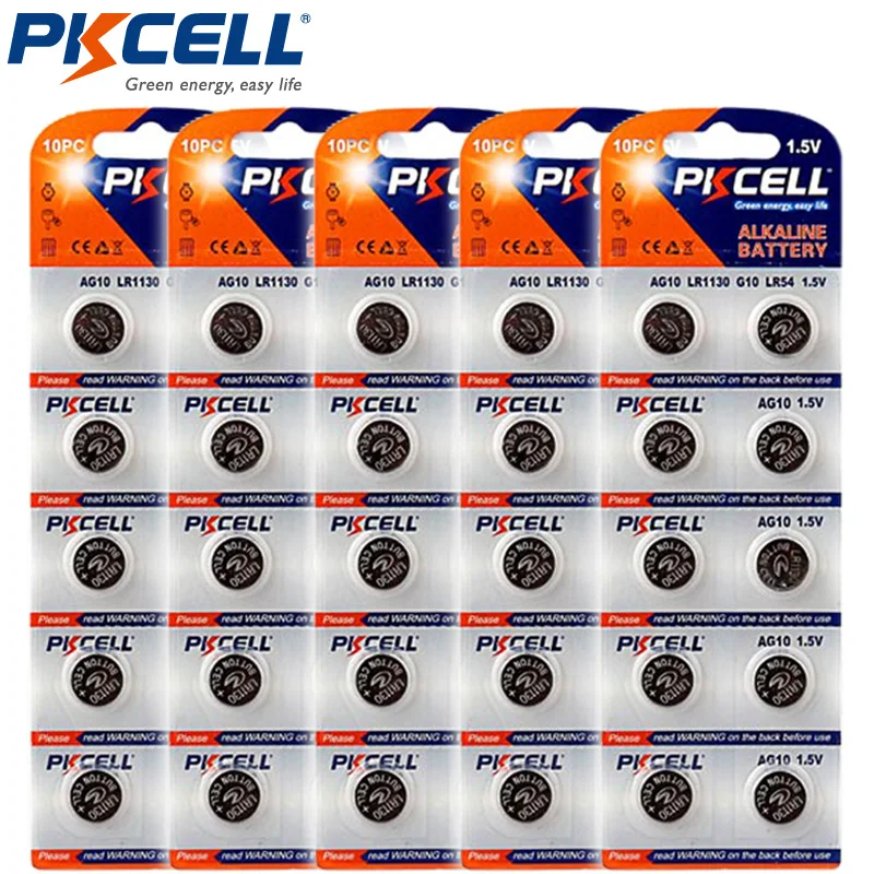50Pcs/5card PKCELL Battery Cell 1.5V AG10 LR1130 Alkaline Button