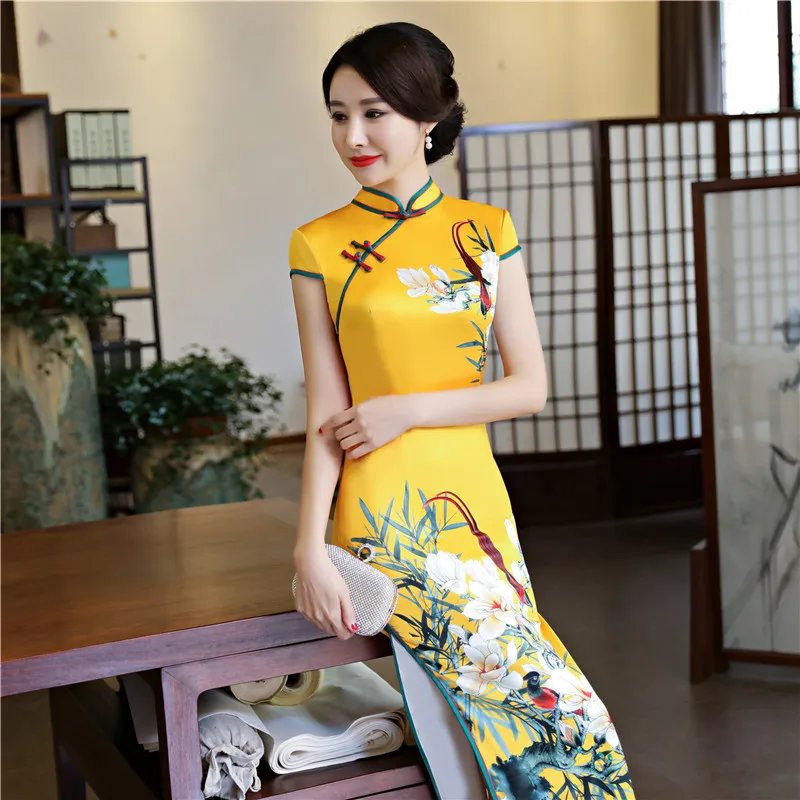 Шанхай история из искусственного шелка Qipao длинное платье Cheongsam национальный тренд платья короткий рукав тонкий традиционный китайское