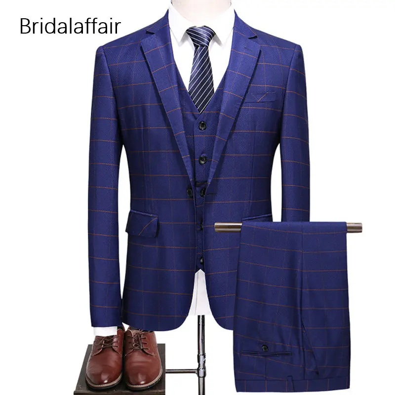 

KUSON Slim Fit Male Suit Set 3 Pieces Blue Wedding Man Suit Luxury Lattice Printed Groom Tuxedos Mens Suits (Jacket+Vest+Pants)