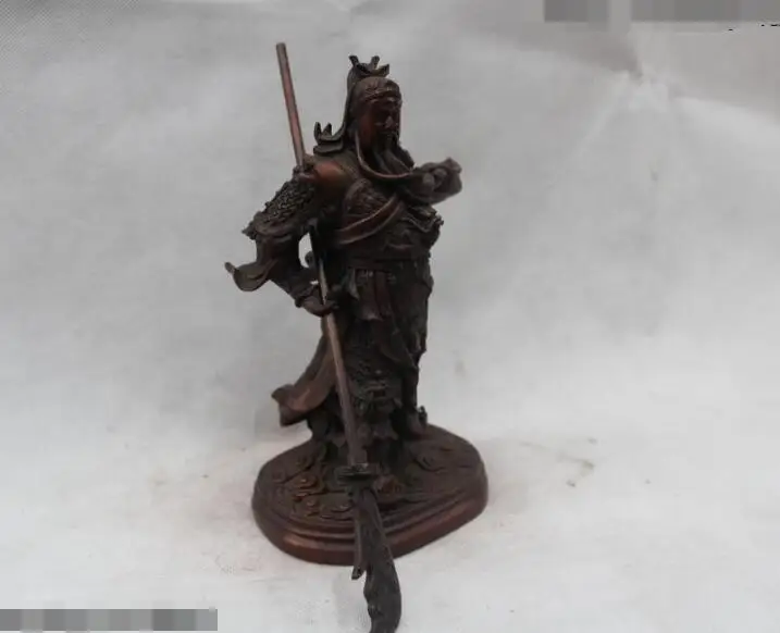 

S02917 9"Chinese Bronze Fengshui Stand Guan Gong Yu Warrior God Dragon Sword Statue
