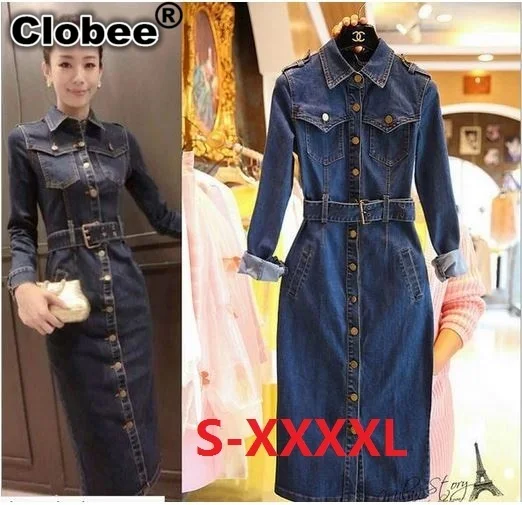 

2019 maxi S-4XL Women Long Denim Dress autumn winter Vestido vaquero OL BIG SIZE jean with belt vestidos de verano para mujer