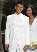 Pure White Groom Tuxedos Suit Groomsman Formal Prom Dresses Business Suit Jacket Pants Vest Tie Kerchief