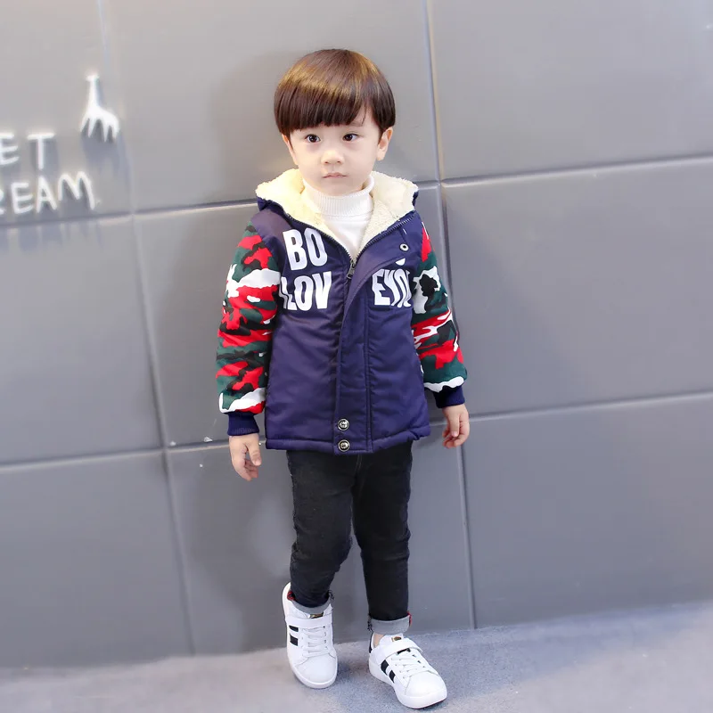 BibiCola New Arrived Baby Boys Autumn Winter Warm Coat With Hooded Infant Fashion Letter Print Outwear Kids Cotton Clothes - Цвет: Синий