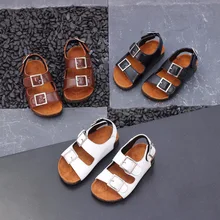 Детские кроссовки сандалии для мальчиков детская пляжная обувь Летняя обувь детские сандалии с открытым носком из натуральной кожи с пряжкой пробковая обувь европейские размеры 22-30