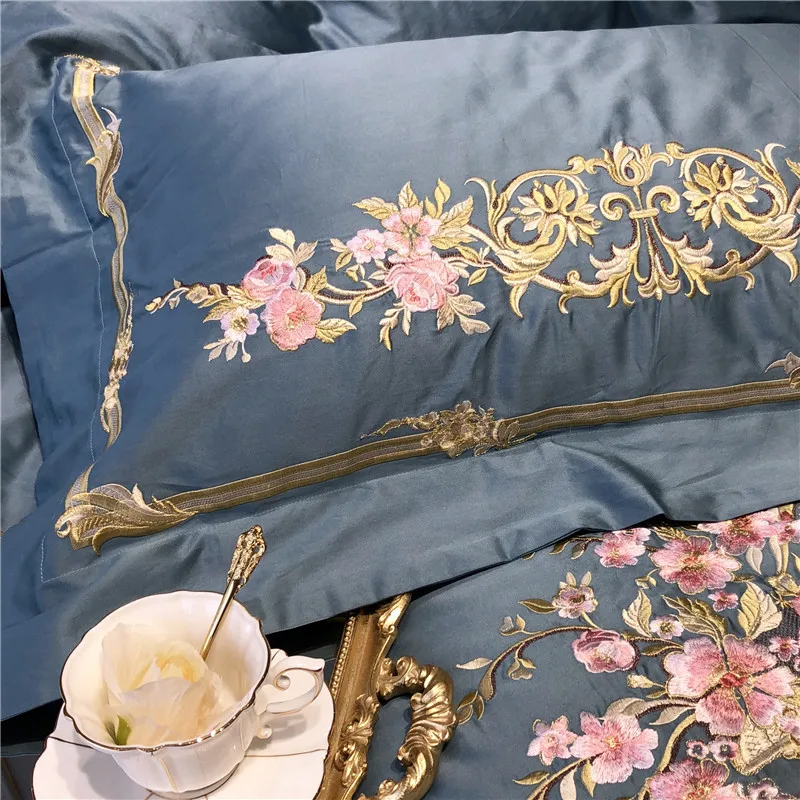 Discount Champagne Blue White Luxury Royal Embroidery 100S Egyptian Cotton Palace Bedding Set Duvet Cover Bed sheet/Linen Pillowcases 55