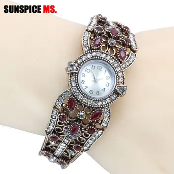 

SUNSPICE-MS Turkish Crystal Quartz Waist Watch Bangle Jewelry For Women Antique Gold Color Digital Relogio Feminino 2019