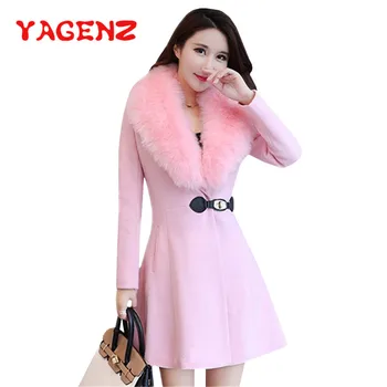

YAGENZ Winter Womens Big Fur Collar Plus Size Wool Coat Long Winter Woolen Jackets Parka Coats Pink Outerwear High Quality K161