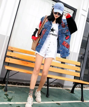 

Stitched baseball uniform denim jacket female loose embroidery bf hip-hop hole sweater sleeve shirt 2019 new