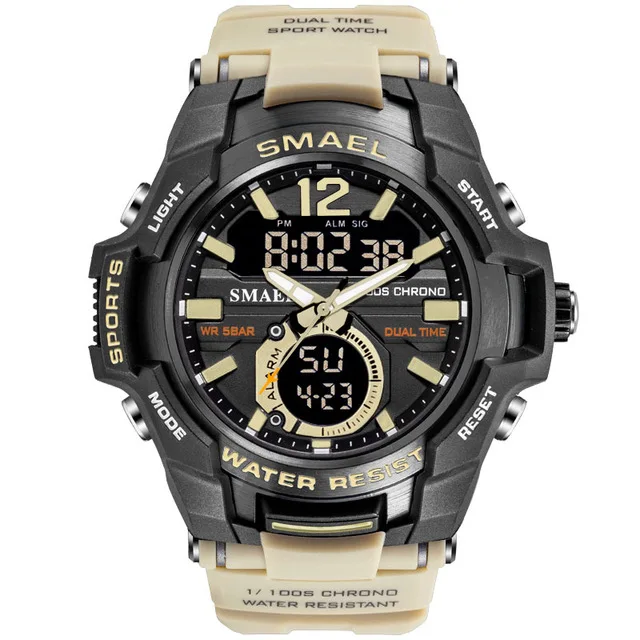 SMAEL спортивные часы мужские модные повседневные часы с будильником 50 м водонепроницаемые военные часы Chrono с двойным дисплеем наручные часы Relogio Masculino - Color: Khaki