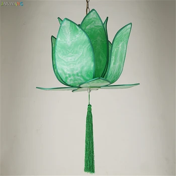 

JW_Chinese Green Lotus LED Pendant Lights Metal Fabrics Vintage Lantern Flower Pendant Lights for Dining Room Bedroom Lighting