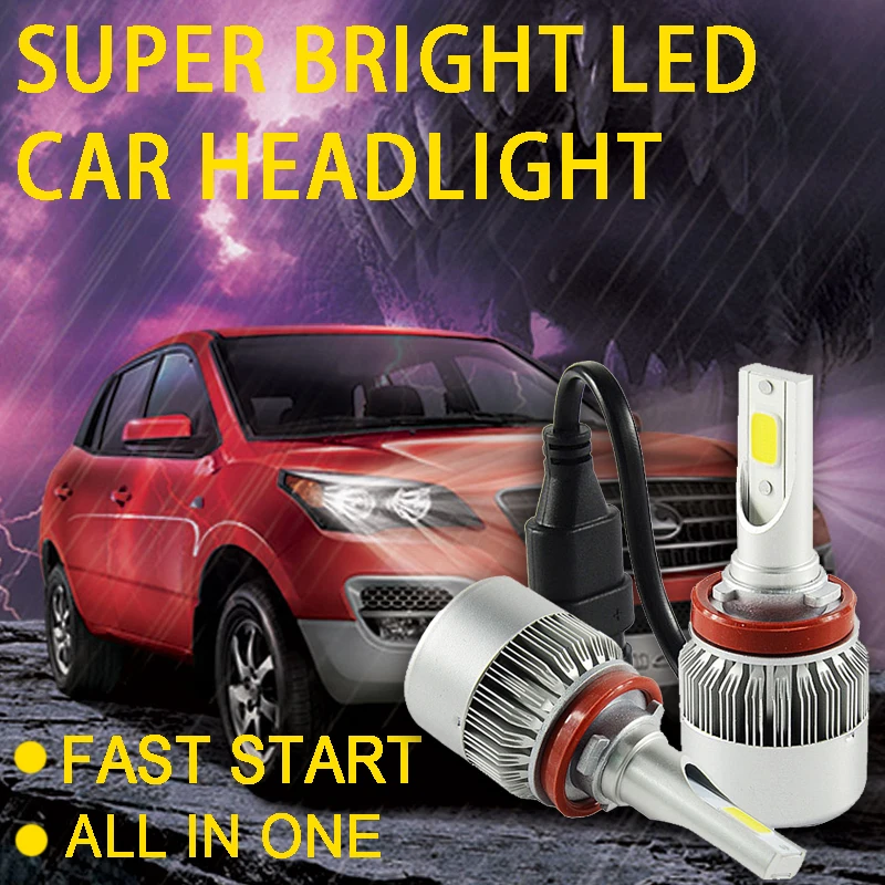 

hlxg 2PCS Car Accessories Headlights H7 H4 HB3 HB4 Driving Bulb led High 7600LM 76W COB 6 chips LED Pure White Lamp