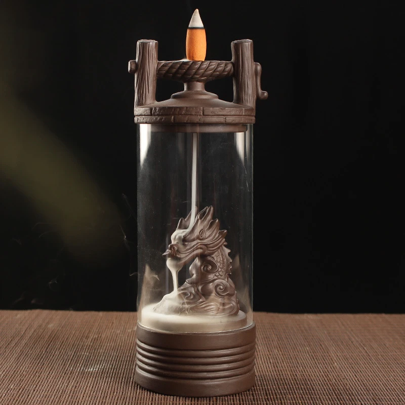 

Backflow Incense Burner Ceramic Acrylic Plastic Cup Ceramic Dragon Furnace Aroma Tower Incense Home Incense +10Pcs Incense Cones