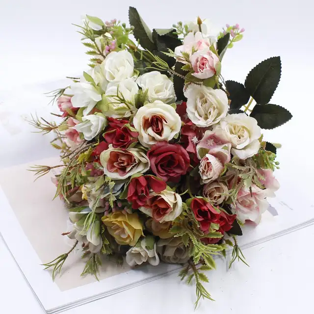 Artificial Flowers 13 Heads Small Bouquet Of Bud Silk Roses Artificial Flowers 13 Heads Small Bouquet Of Bud Silk Roses Simulation Leaves Green Vases