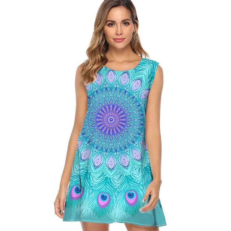 

Women Retro Dress 2019 Summer Sleeveless Mini Beach Holiday Dress Peacock feathers mandala Print women Sleeveless Dresses