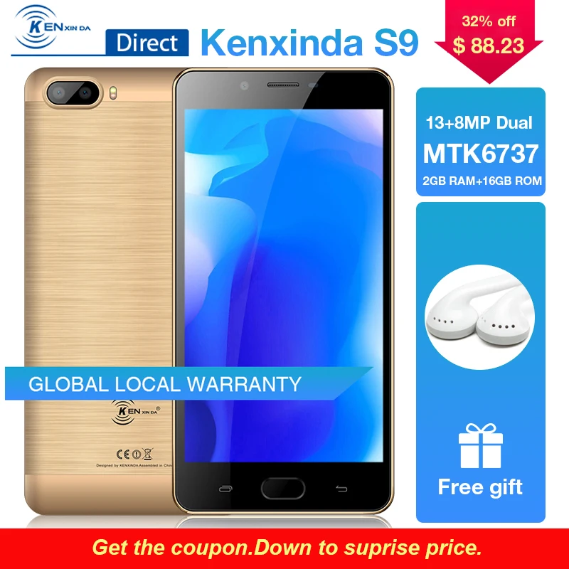 Kenxinda S9 5 &quot4G телефона 2G/16G Ram/Rom 720*1280 пикселей 13 0 + 8 Мп двойной камеры смартфона