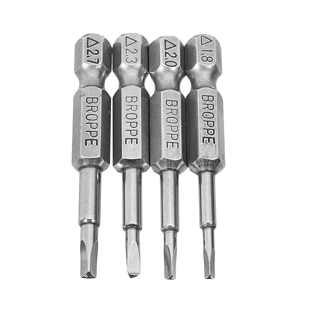 Broppe 4pcs 25mm 1.8-2.7mm Triangle Shaped Screwdriver Bits 1/4 Inch Hex Shank Electroplating Bronze 
