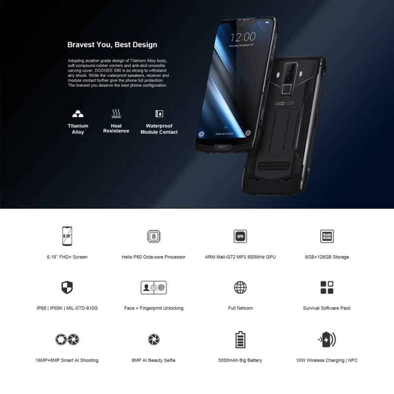 DOOGEE S90 прочный смартфон 6 ГБ+ 128 Гб 6,18 дюймов IP68 Водонепроницаемый Android 8,1 MTK6771 две sim-карты 4G NFC, OTA мобильный телефон