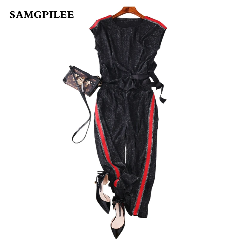 

2019 New Spring Sleeveless Casual Pullover O-neck Fashion Drawstring Solid Ankle-length Pants Women Set L-4xl