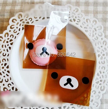 

200pcs free shipping coffee color bear print slf adhesive seal mini packaging plastic bags,7cm by 7cm gift packing bag